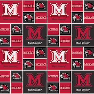May include: A repeating pattern fabric featuring the Miami University logo, a stylized letter M, and a red hawk mascot head. The design alternates between red and black square blocks, with the text MIAMI and Miami University printed clearly.