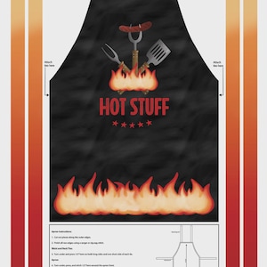 May include: Black apron with a graphic of grilling tools, a sausage, and flames. The text "HOT STUFF" is in red, with five stars below. Includes instructions and tie placement.