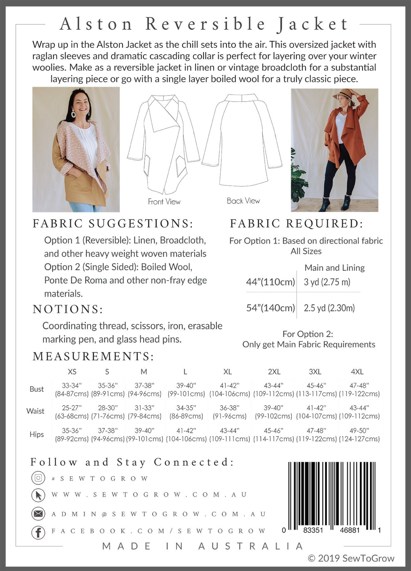 Alston Reversible Jacket Sewing Pattern From Sew To Grow Etsy