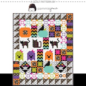 May include: A colorful quilt pattern featuring a spooky Halloween theme with black cats, ghosts, pumpkins, and stars. The quilt is 60 inches by 72 inches and is titled "Spooky Sampler".
