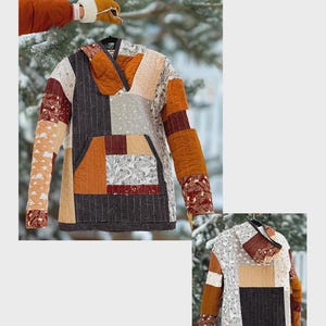 May include: A patchwork quilted hoodie in various colors, including brown, orange, and cream. The hoodie has a front pocket and a hood. The text "Quilted Hoodie" is at the top of the image. The image also includes a smaller image of the hoodie.