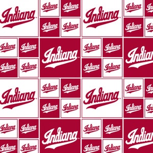 May include: A repeating pattern of the word "Indiana" in white text on a red background. The word is stylized in a script font with a curved tail.