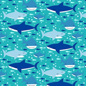 Swimming Sharks On Blue Comfy FLANNEL Fabric Priced By The HALF Yard, From A.E. Nathan Fabrics NEW, Please See Description For More Info!