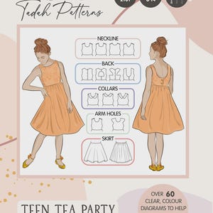 May include: An illustration of a peach-colored Teen Tea Party Dress pattern by Tadah Patterns. The image includes diagrams for necklines, backs, collars, armholes, and skirts. The pattern is for sizes 8-14 and includes over 60 diagrams.
