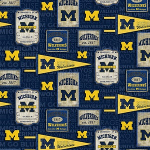 NCAA University Of Michigan Wolverines Vintage Pennant Cotton Fabric Priced By The HALF Yard, From Sykel Enterprises NEW