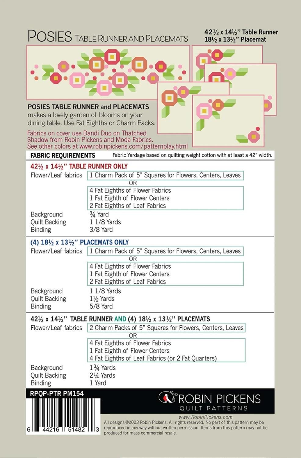 Posies Table Runner / Placemats Quilting Pattern From Robin Pickens ...