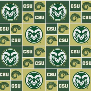 May include: A repeating pattern featuring the Colorado State University logo and the letters "CSU" in white on a green and gold background. The design includes the ram head logo and a stylized ram's horn.
