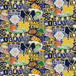 NCAA University of Michigan Wolverines Doodle Cotton Fabric, Priced By The HALF Yard, From Sykel Enterprises NEW, Please See Description!