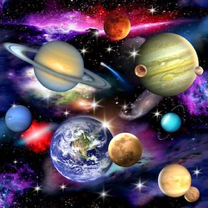 May include: A vibrant digital illustration of the solar system, featuring planets like Saturn with its rings, Earth, Jupiter, and Mars, set against a backdrop of stars, nebulae, and cosmic dust in shades of purple, red, and blue.