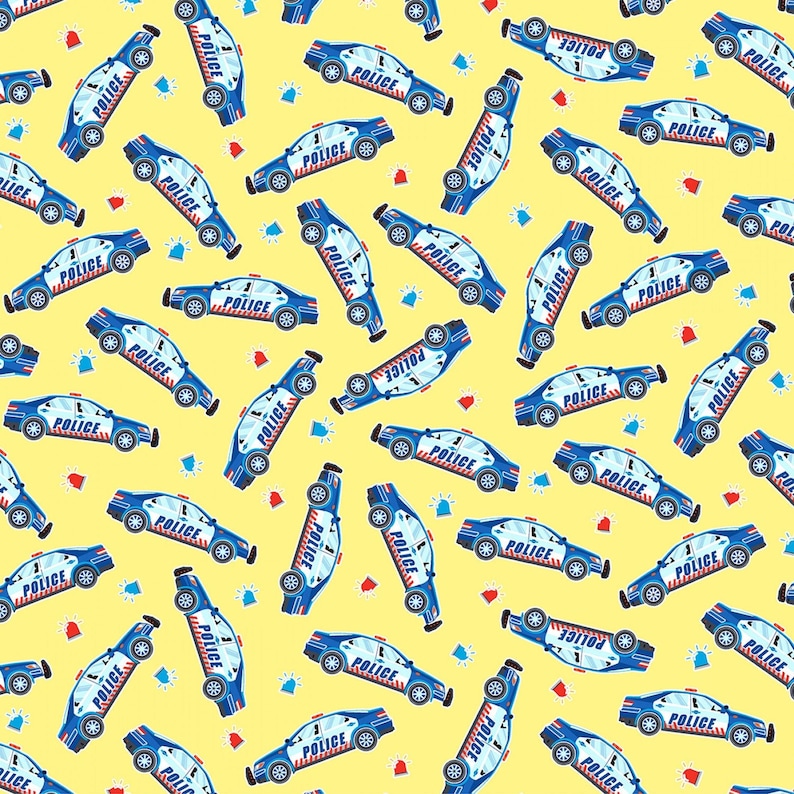 Glow In The Dark Police Cars All Over On Yellow Cotton Fabric Priced By The HALF Yard From KANVAS NEW