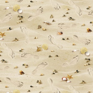 Beach, Seashells & Footprints in Sand Cream Cotton Fabric, From Elizabeth&#39;s Studio Priced By The HALF Yard BRAND NEW, Please See Description