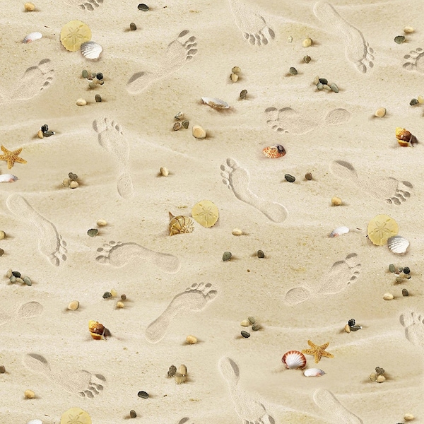 Beach, Seashells & Footprints in Sand Cream Cotton Fabric, From Elizabeth's Studio Priced By The HALF Yard NEW, Please See Description