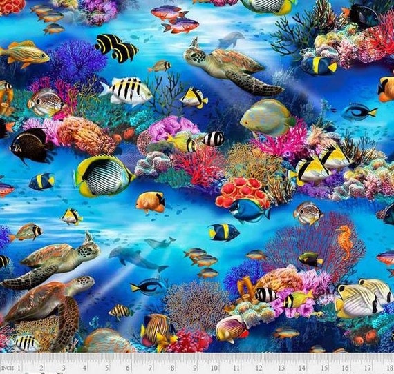 Blue Ocean Underwater Fantasy Fish All Over Cotton Fabric Etsy