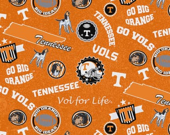 NCAA University Of Tennessee Volunteers Home On Orange Cotton Fabric Priced By The HALF Yard, From Sykel Enterprises NEW, See Description