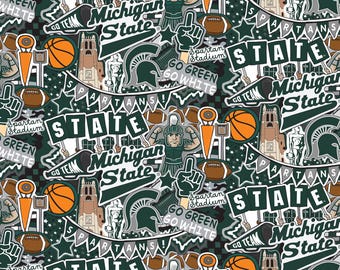 NCAA Michigan State University Spartans Doodle Cotton Fabric, Priced By The HALF Yard, From Sykel Enterprises NEW, Please See Description!