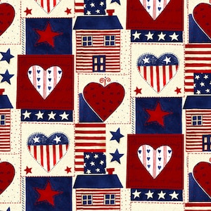 May include: A red, white, and blue patterned fabric with a patchwork design. The fabric features stars, hearts, and houses. The text "American spirit, lovingly made at home" is printed on the fabric.