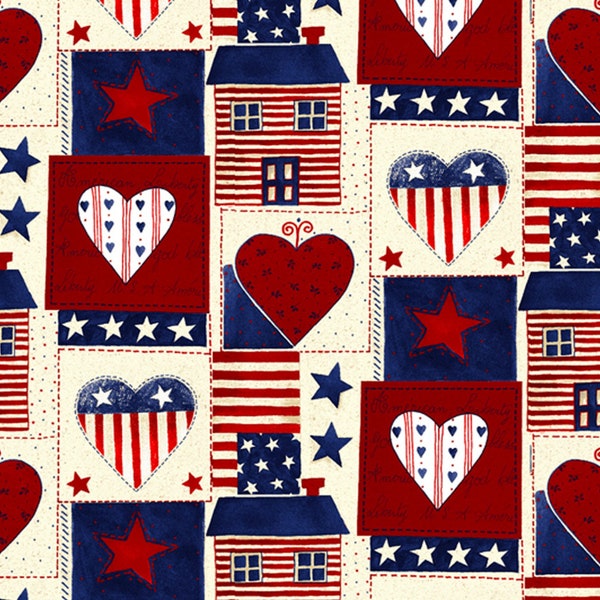 Americana Heart Patch Cotton Woven Fabric Material Sold By The 1/2 Yard From David Textiles New