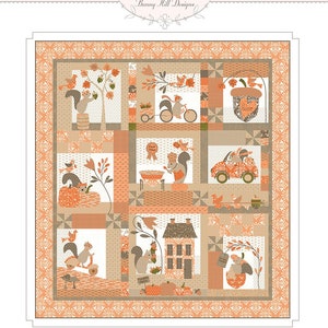 May include: A quilt pattern featuring a whimsical design of squirrels in various autumnal activities, including riding a bike, collecting acorns, and baking. The quilt is made in shades of brown, orange, and cream with a decorative border. The title "Squirrelly Girl" is displayed at the bottom of the image.