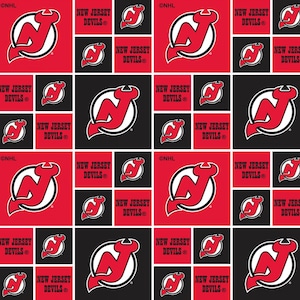 NHL Hockey New Jersey Devils Patchwork On Cotton Fabric Priced By The HALF Yard, From Sykel Enterprises NEW, See Description For More Info!