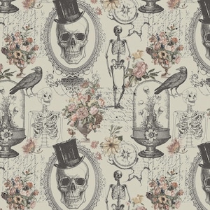 May include: A repeating pattern featuring skulls in top hats, skeletons, crows, floral arrangements, and compasses. The design is in shades of gray, pink, and cream, with a vintage, gothic aesthetic. The background has script-like text.