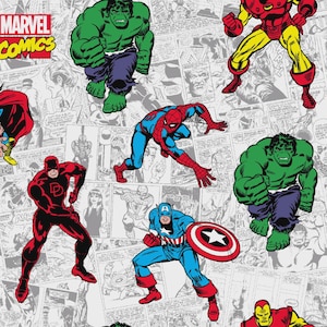 May include: Marvel Comics fabric featuring comic book panels and various superheroes, including Hulk, Spider-Man, Captain America, and Iron Man. The Marvel Comics logo is in the upper left corner. The background is a grayscale comic book page design.