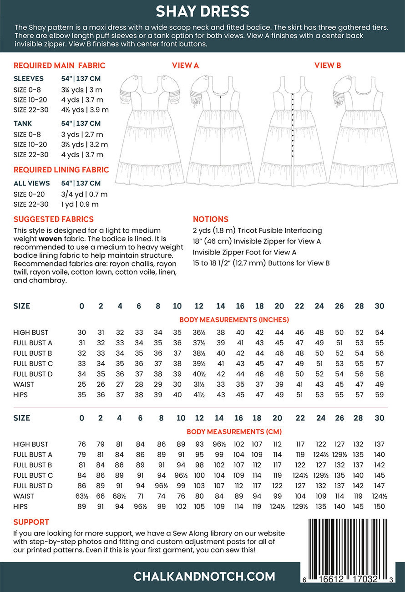 The Shay Dress Sewing Pattern, Sizes 0-30, From Chalk and Notch ...