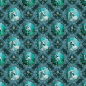 May include: A repeating pattern featuring white unicorns with flowing manes and golden horns, set against a teal and dark teal background. Each unicorn is framed within a teal floral-shaped design, with a white rose accent.