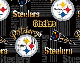 NFL Football Pittsburgh Steelers Pennants On Black Woven Cotton Fabric Priced By The HALF Yard, From Fabric Traditions NEW, See Description!