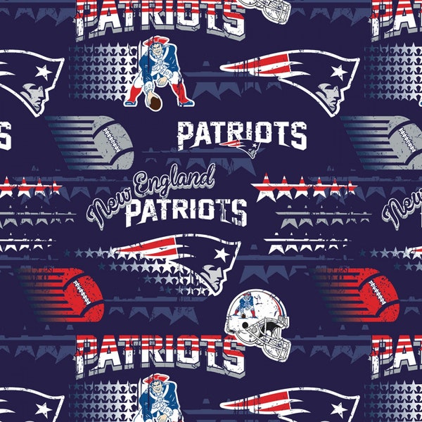NFL Football New England Patriots Pennants Logos On Blue Cotton Fabric Priced By The HALF Yard, From Fabric Traditions NEW, See Description!
