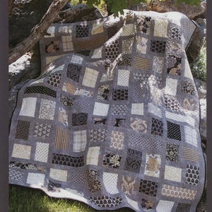May include: A patchwork quilt with a gray background and various patterned squares in shades of gray, beige, and black. The quilt is draped over a rock and tree branch. The text "Abbey Lane Quilts" and "Ob-La-Di" are visible.