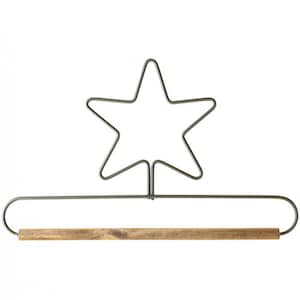 May include: A metal star-shaped hanger with a wooden dowel bar. The hanger is a light gray color and the dowel bar is a light brown color.