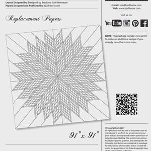 May include: A Prismatic Star Queen replacement paper pattern by Quiltworx.com featuring a large geometric star design. The document includes the title, contact information, social media icons, a QR code, copyright text, and a 91 inch by 91 inch size.