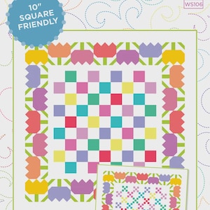 May include: A colorful quilt pattern titled "Flower Patch" with a finished size of 48 x 48 inches. The design features a central checkerboard pattern in various colors, surrounded by a border of stylized flowers. A smaller version of the quilt is also shown.