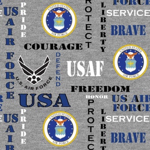 US Air Force Logos and Seals On Gray Woven Cotton Fabric Material, From Sykel Enterprises NEW, Priced By The HALF Yard, See Description!