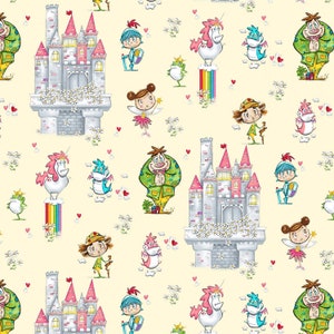 May include: A seamless pattern featuring a whimsical fairytale theme with castles, unicorns, dragons, fairies, knights, and other magical creatures. The background is a light yellow color with small white flowers and red hearts.