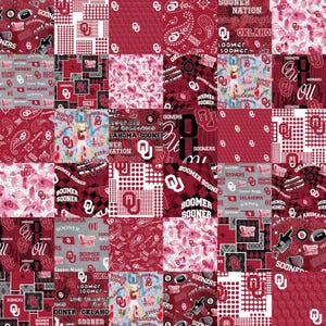 May include: A collage of red and white fabric squares featuring the Oklahoma Sooners logo, the words "Boomer Sooner", and the phrase "Sooner Magic".