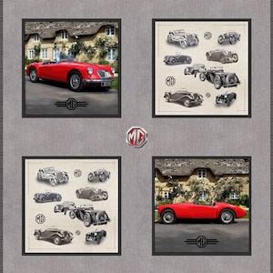 May include: A collage of four images featuring a red MG sports car. The top left and bottom right images show the car parked in front of a stone cottage with a thatched roof. The top right and bottom left images show a collection of vintage MG cars in black and white.