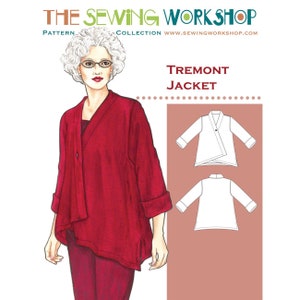 May include: A sewing pattern for a Tremont Jacket. The pattern includes instructions and diagrams for making a red, long-sleeved jacket with a wrap-style front.
