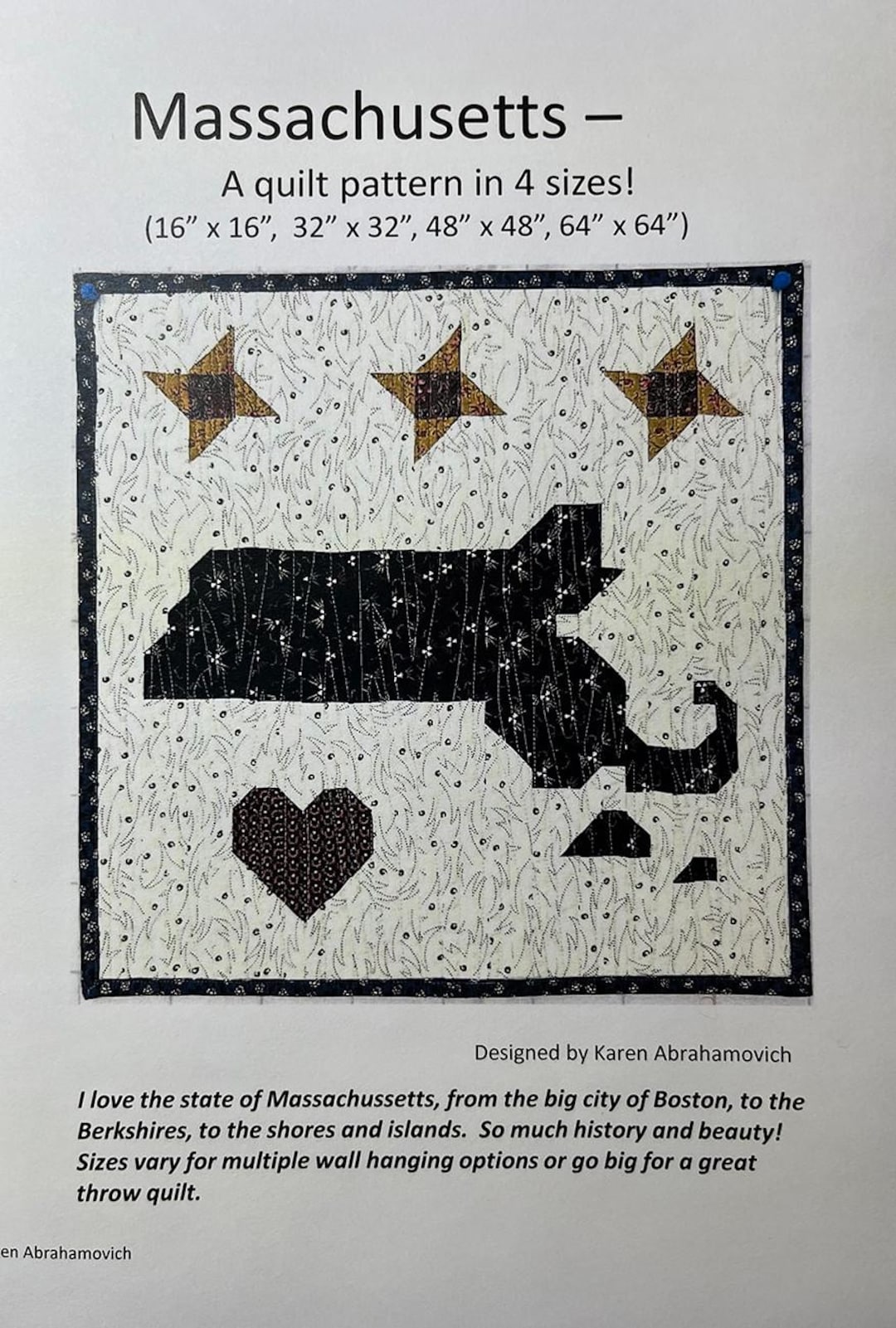 State of Massachusetts Quilt Quilting Pattern From Karen Abrahamovich ...