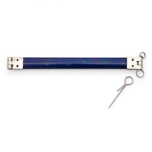 May include: A blue metal bar with silver hinges at each end. A silver pin is next to the bar. The bar has a dark blue finish with hints of lighter blue and silver. The hinges have a rectangular shape.