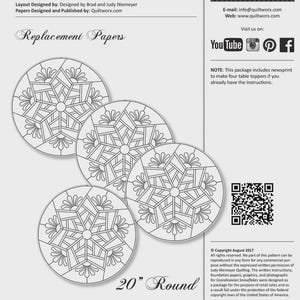 May include: A package of Scandinavian Snowflake table topper replacement papers by Quiltworx.com. The document features four circular snowflake patterns, a QR code, and text specifying 20-inch round dimensions and newsprint inventory numbers.