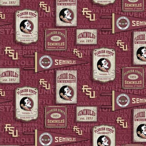 NCAA Florida State University Seminoles Pennants Woven Cotton Fabric Sold By The HALF Yard, From Sykel Enterprises NEW, See Description!