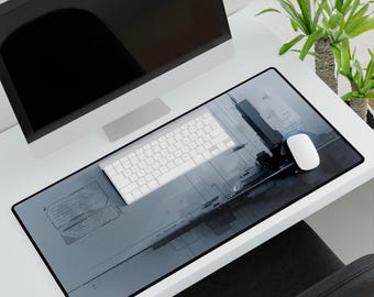 Alfombrilla de escritorio futurista, alfombrilla de ratón con horizonte ciberpunk, ciudad de ciencia ficción