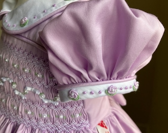 Girls dress, lilac, hand smocked and embroidered, age 12 months