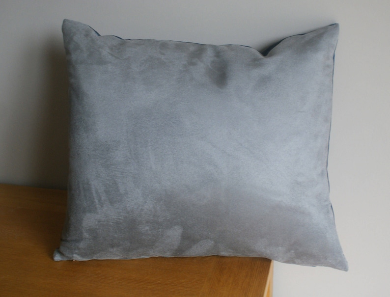 May include: A soft, gray throw pillow with a subtle textured surface. The pillow has a dark blue border.
