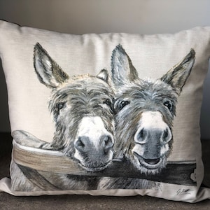 Two Donkeys over gate cushion 40cmx40cm