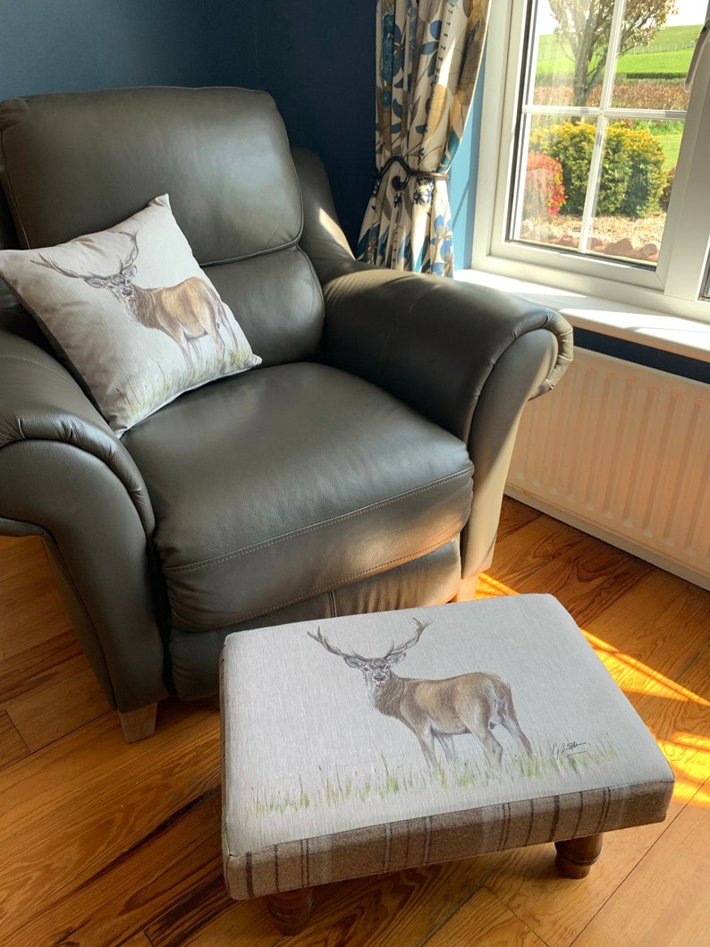 Stag Pattern Footstool Stag Footstool Foot Rest With Leather Sides and Hand Turned Walnut Feet ...
