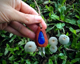 Hand Carved Natural Organic Avocado Seed Shamans necklace/pendant with Lapis Lazuli gemstone and Quartz Crystal Elfin Fairy Hippy