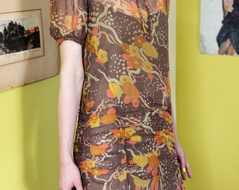1920s/1930s fall floral silk chiffon dress with neck tie XS/S