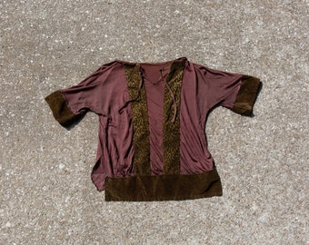 1920s brown knit flapper top with velvet details